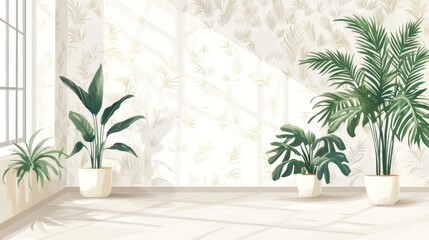 Sunny room, potted plants, floral wallpaper, home decor