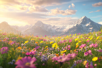 Obraz premium A breathtaking view of a spring meadow filled with colorful wildflowers, set against the backdrop of majestic snow-capped mountains, bathed in warm golden sunlight.