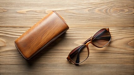 Wooden Sunglasses Case Aerial View - Clean Minimalist Flat Lay Stock Photo