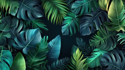 Fototapeta premium Tropical leaves background, vibrant greens, dark backdrop, digital art, nature, abstract