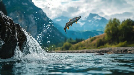 Fototapeta premium a trout jumping out of the water in a mountain river