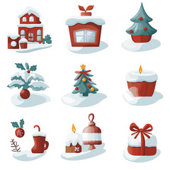 Christmas Icons: House, Tree, Candle, and Ornament Collection with Snow