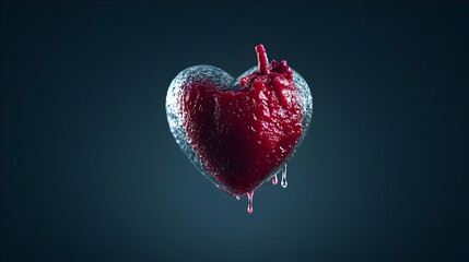 Abstract Heart Shaped Structure with Red Liquid Flowing Against Dark Blue Background