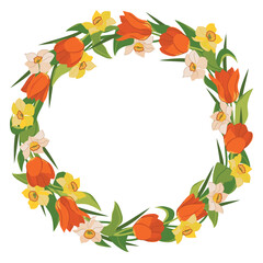 Beautiful wreath of tulips and daffodils isolated on white background. Round frame with red, yellow and white spring flowers, gift for Mother's Day. Colorful vector illustration in flat style.