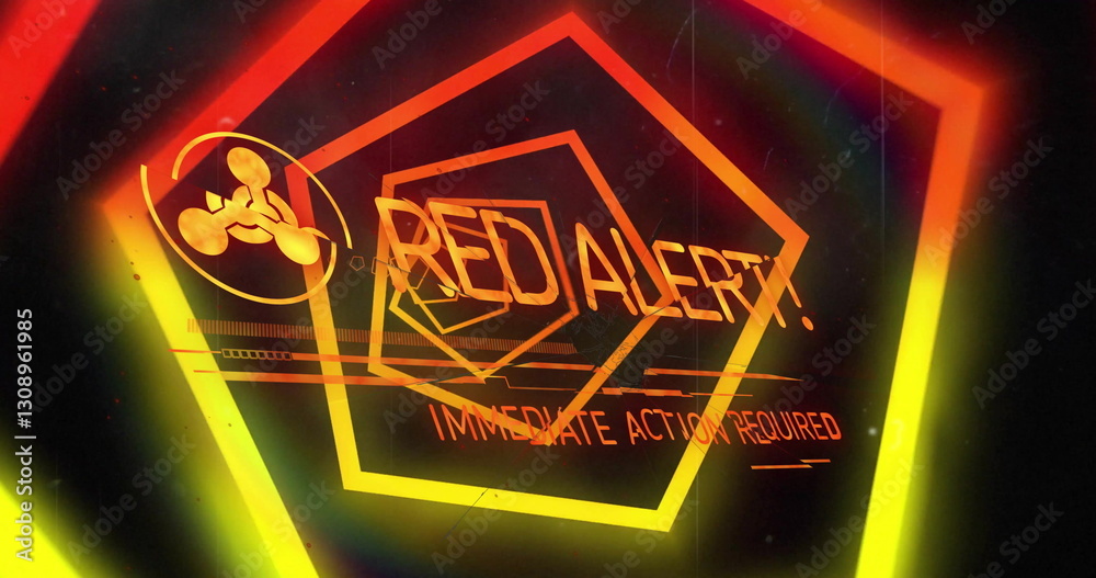Poster image of red alert text and data processing over neon tunnel