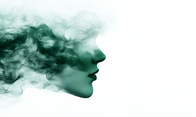 Ethereal Silhouette of a Woman Formed by Green Smoke on White Background