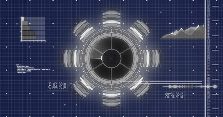 Image of data processing and diagrams on blue background