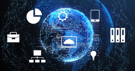 Image of data processing over media icons and globe