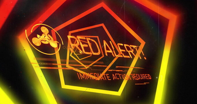 Image of red alert text and data processing over neon tunnel - Powered by Adobe