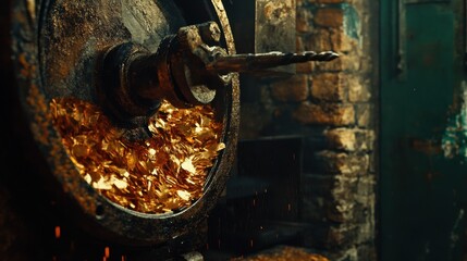 An industrial drill press working on a precision metal part.