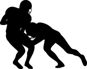 Silhouette of American football player in tackle and defensive poses.