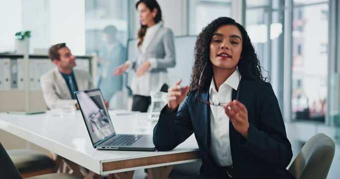 Face, glasses or happy business woman in office as talent acquisition specialist on laptop. Portrait, hr worker or recruitment expert, hiring professional or headhunter coworking in corporate meeting