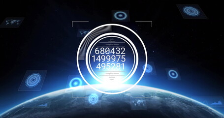 Image of data processing over globe on black background