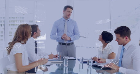 Image of financial data processing over diverse business people in office