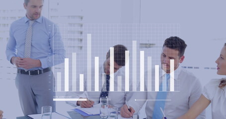 Image of financial data processing over diverse business people in office