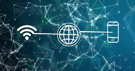 Image of network of connections with icons on blue background