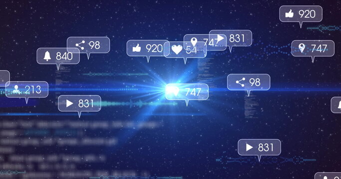 Image of social media icons with numbers over light trails on black background - Powered by Adobe