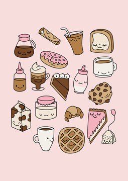 Set of Vector Line Illustration of Breakfast Food and Beverage Icons. Coffee, Milk, Cake, Pancakes, Egg, Cake, Sweets, Tea, Donut, Croissant, Syrup, Sugar, Toast, Sauce, Chocolate, Butter, Pie, Snacks