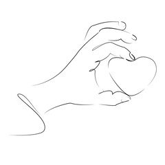 One continuous line art drawing flat illustration hand, person, holding, sign, symbol, finger, shape, romance. Isolated image hand draw outline on white background
