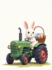 White Rabbit Driving Green Toy Tractor with Easter Eggs