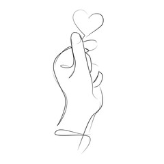 One continuous line art drawing flat illustration finger, gesture, sign, symbol, human, outline, love, making. Isolated image hand draw outline on white background