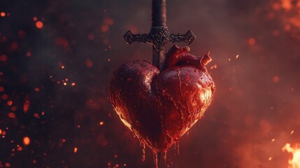 A highly detailed depiction of a sword piercing a realistic human heart surrounded by glowing embers and fiery sparks. This 3D-rendered artwork captures intensity and evokes themes of heartbreak