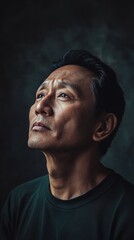 Fototapeta premium A pensive man gazes upward in contemplation