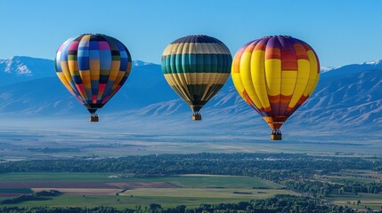 Obraz premium Three Hot Air Balloons Soaring Over Scenic Valley and Majestic Mountains