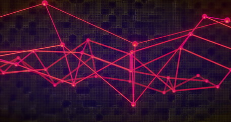 Image of network of connections and shapes on black background