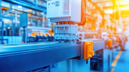 A close-up of a modern injection molding machine in a plastic factory.