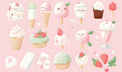 Cute and Colorful Ice Cream Treats Illustrations on Pastel Background