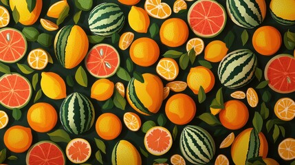 Vibrant Oranges and Juicy Watermelons Arranged on Dark Background