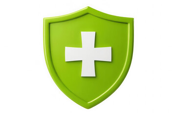 Obraz premium Vibrant lime green shield with a bold white cross centered, symbolizing protection and safety. Isolated on transparent background, PNG.