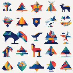 Colorful Geometric Animal and Nature Icons on White Background Design