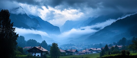 Fototapeta premium Misty Mountain Village Dawn