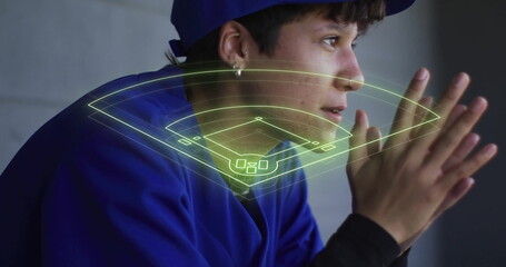Baseball field diagram image over person in blue uniform