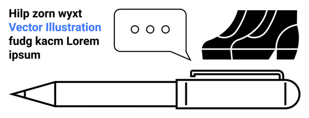 Minimalistic black pen, conversational speech bubble with three dots, partial abstract shoe graphic, and placeholder text concept. Ideal for communication, writing, creativity, education, branding