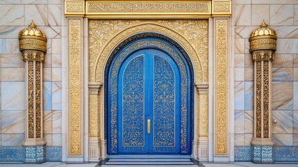 Intricately carved blue door with golden detailed accents on a building facade