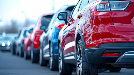 Naklejka premium Aligned Cars In Red Blue And Grey With Sharp Focus On A Single Red Automobile Rear