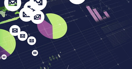 Email notifications image over financial data charts and graphs