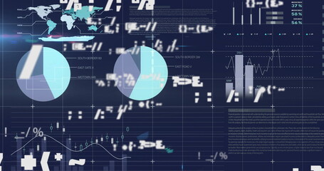 Financial data analysis and statistics image over world map and charts