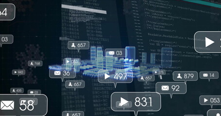 Social media notifications and data processing image over cityscape and code