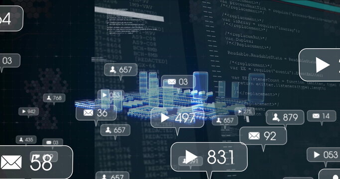 Social media notifications and data processing image over cityscape and code - Powered by Adobe