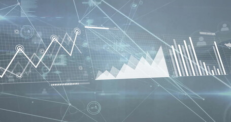 Image of media icons over diagrams and data processing