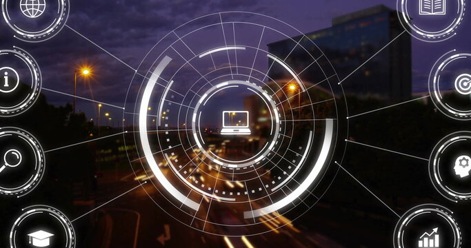 Image of digital cions and data processing over cityscape