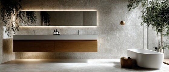 Modern Bathroom with Double Sinks and Bathtub, Plants, and Natural Light