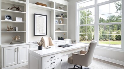 Bright home office with large window, desk, built-in shelves, and tranquil garden view; ideal for real estate or home decor