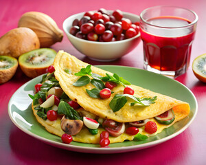 Delicious Omelet: A close-up shot of a freshly cooked omelet filled with vegetables, accompanied by fruits and juice, showcasing a nutritious and appealing breakfast option.