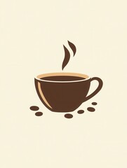 Obraz premium Elegant minimalist coffee cup logo with steam and scattered beans in warm brown and beige tones