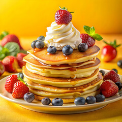 Stacked Pancake Delight: A tempting stack of golden pancakes, lavishly adorned with fresh strawberries, plump blueberries, and a dollop of whipped cream.